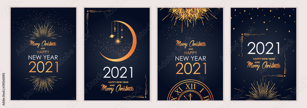 2021 new year. Fireworks, golden garlands, sparkling particles. Set of Christmas sparkling templates for holiday banners, flyers, cards, invitations, covers, posters. Vector illustration. - obrazy, fototapety, plakaty 