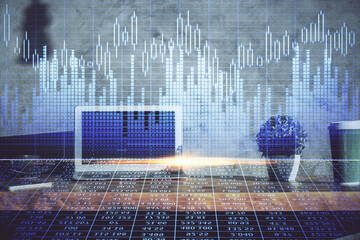 Double exposure of forex graph and work space with computer. Concept of international online trading.