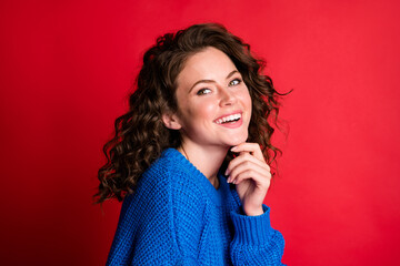 Sticker - Close-up profile side view portrait of her she nice attractive pretty lovely glad cheerful cheery girl enjoying beauty sale touching chin isolated bright vivid shine vibrant red color background