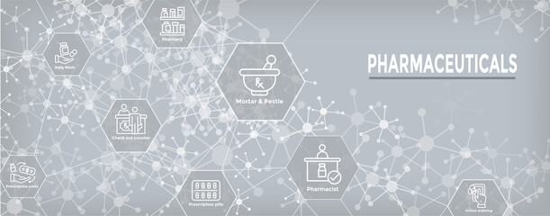 Wall Mural - Pharmaceuticals and medications icon set w web header banner