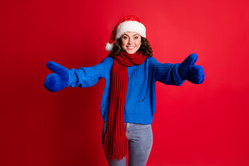 Poster - Portrait of her she nice attractive pretty cheerful cheery kind girl wearing festal Santa look hugging you invitation isolated bright vivid shine vibrant red color background