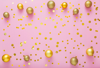 Christmas gold festive decor balls, confetti on pink background. Top view copy space