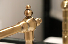 Closeup Faucet In White Bathroom, Gold Sanitary Ware
