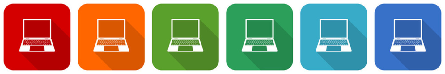 Leinwandbilder - Open notebook, laptop, mobile computer icon set, flat design vector illustration in 6 colors options for webdesign and mobile applications