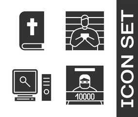 Canvas Print - Set Wanted poster, Holy bible book, Search on computer screen and Suspect criminal icon. Vector.