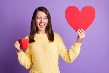 Poster - Photo portrait of winking girl holding big red cup heart card in hands isolated on bright purple colored background