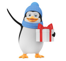 Cartoon Character Penguin In Winter Clothes Holding A Box With A Gift Decorated With A Red Ribbon On A White Background. 3d Render Illustration.