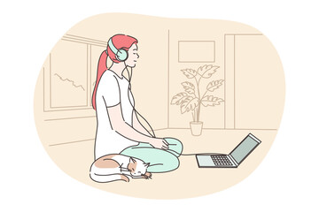 Wall Mural - Meditation, yoga, relax concept. Young smiling calm woman cartoon character on floor with headphones listening music and dreaming. Home reacreation at quarantine and leisure time mental relaxation. 