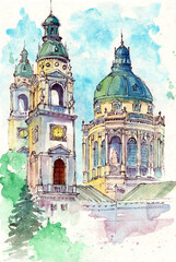 Watercolor illustration of the St. Stephen's Basilica in 
Budapest with emerald domes and some trees in front of it