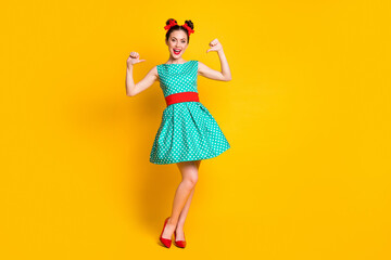 Sticker - Full length body size view of nice elegant cheerful girl wearing teal clothes demonstrating herself isolated on bright yellow color background