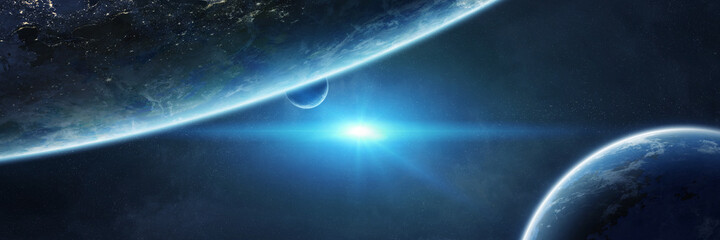 Leinwandbilder - Panoramic space planets background. Panorama of distant solar system with exoplanets 3D rendering elements of this image furnished by NASA