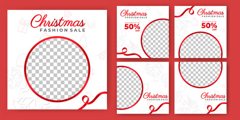 Set of editable square banner templates. Red and white color with white background christmas post template design with photo collage. Usable for social media post, story and web internet ads