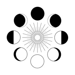 Lunar phases vector illustration. Astrology moon and sun isolated black on white. . Vector illustration