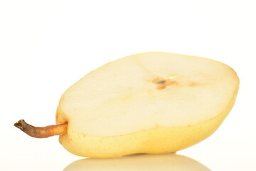 Ripe organic yellow-red pears, close-up, on a white background.