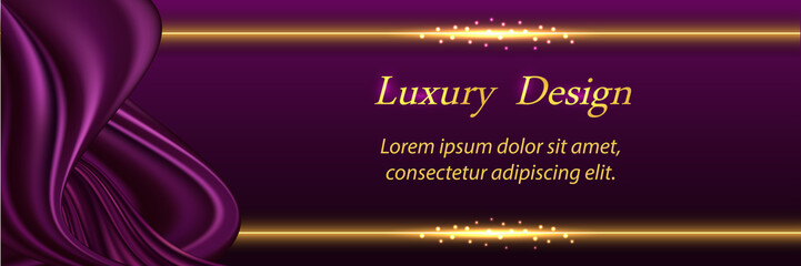 Luxury background with silk purple wavy swirl and golden border lines. Smooth satin fabric texture and glowing gold. Trendy design for banner or poster. Vector illustration