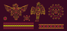 Latino American Poncho Ornament Vector For Greeting Card. Parrot, Cockatoo, Eagle, Toucan Illustration Embroidery. National Hispanic Heritage Month.