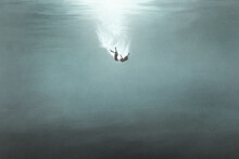Illustration Of Woman Falling Underwater, Surreal Concept