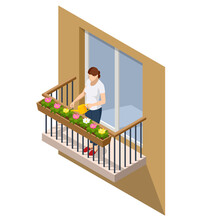 Isometric Woman Watering Flowers On Her Outdoor Balcony In Summer. Open Outdoor Balcony With Metal Silver Railings Isolated On Background.