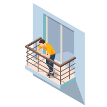 Isometric Man Resting On An Open Balcony In Summer. Open Outdoor Balcony With Metal Silver Railings Isolated On Background.