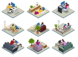 isometric business man and woman working at home with laptop and papers on desk. freelance or studyi