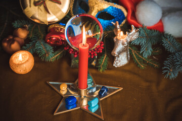 Concept of Christmas divination predictions on tarot cards, magical ball and other magic