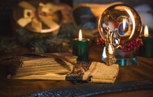 Concept Of Christmas Divination Predictions On Tarot Cards, Magical Ball And Other Magic