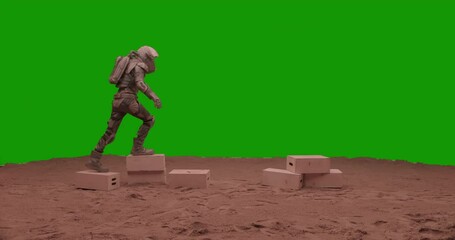 Wall Mural - green screen chroma key astronaut walking on a sandy surface. mars colonization concept