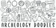 Archeology doodle icon set. Old Objects Vector illustration collection. Banner Hand drawn Line art style.