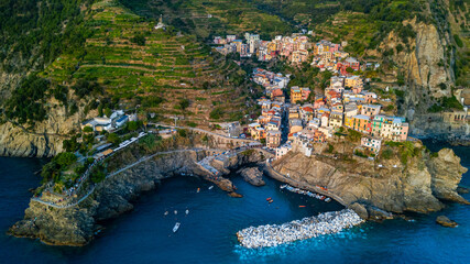 Sticker - Drone view of the famous Manarola village in Cinque Terre Italy at sunset