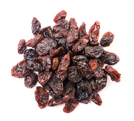 Wall Mural - Heap of raisins on white background, isolated. The view from top