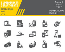 Supermarket Departments Glyph Icon Set, Grocery Collection, Vector Sketches, Logo Illustrations, Online Sales Icons, Supermarket Department Signs Solid Pictograms, Editable Stroke.