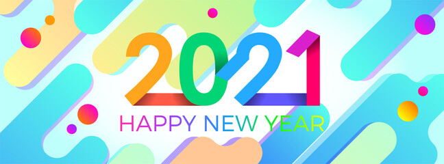 Wall Mural - 2021 Happy New Year. Paper Memphis geometric bright style for holidays flyers, greetings, invitations, Happy New Year or Merry Christmas cards. Holiday background, poster, banner. Vector Illustration.