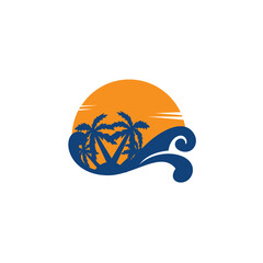 Tropical sunset logo. Vector Summer Time Holiday typographic illustration