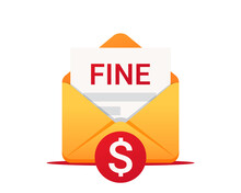 Fine By Mail, Vector Icon. Punishment Document In Envelope. Vector Symbol Of Fine Or Penalty
