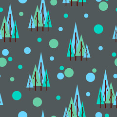 Wall Mural - Seamless pattern winter blue and green fir trees. Gray background. Flat style. Garden or forest. Nature and ecology. Merry Christmas. Postcards, wallpaper, textile, scrapbooking and wrapping paper