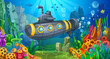 Steel submarine plunges into the depths of the sea. Underwater world with algae, corals, sponges and fish.