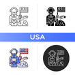 Space exploration icon. Human spaceflight. Investigation. Universe beyond Earth atmosphere. Crewed and uncrewed spacecraft. Linear black and RGB color styles. Isolated vector illustrations