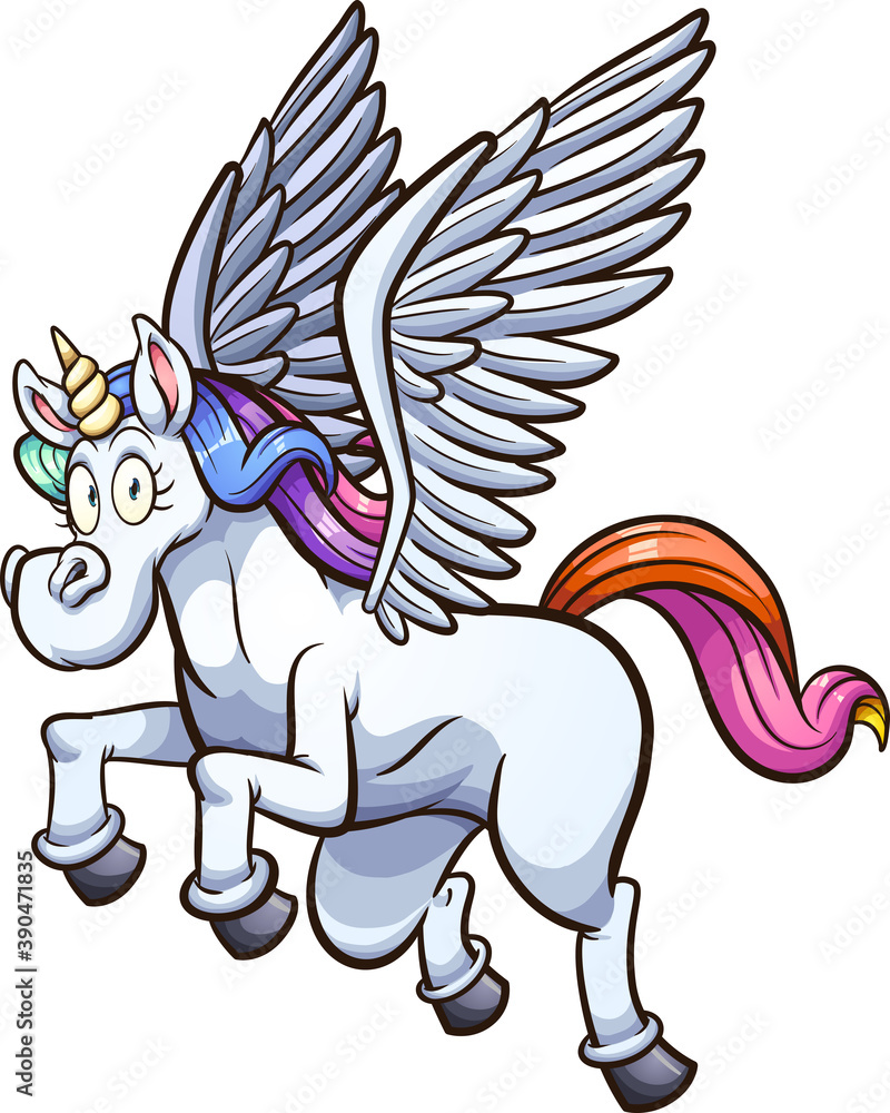 Flying cartoon Pegasus unicorn. Vector clip art illustration with simple  gradients. Some elements on separate layers. Stock Vector | Adobe Stock