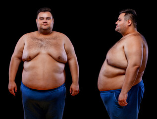 Two views of young shirtless fat man: front and profile shot, isolated on black background