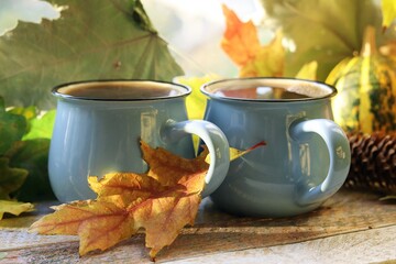 A couple of cups of hot coffee, pumpkins, leaves on the background of the window, the concept of home comfort, Thanksgiving, autumn season