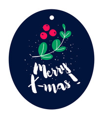 Wall Mural - Twig and berries with text on dark background. Flat style. Vector holiday sticker.