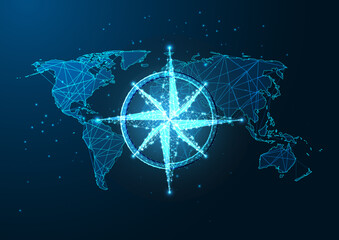 Wall Mural - Futuristic navigation concept with glowing low polygonal compass rose and world map