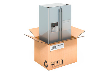 Double door refrigerator inside cardboard box, delivery concept. 3D rendering