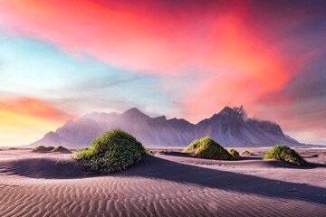 gorgeous landscape with black sand desert dunes and grassy bumps near famous stokksnes mountains on 