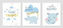Set Of Good Night Cards With Cute Animals. Vector Illustration With An Animal, In A Modern Cartoon Style, For Printing On Packaging Paper, Postcard, Poster, Banner, Clothing.