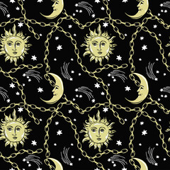 pattern with sun and moon on night sky with gold chains.