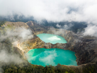 Kelimutu mountain crater lakes drone aerial view in Indonesia 