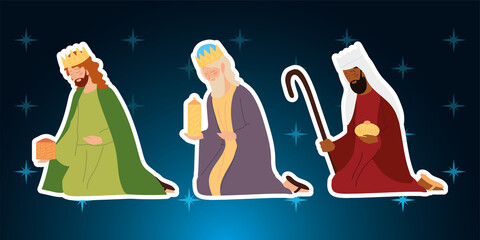 Sticker - nativity, manger wise kings characters on gradient background