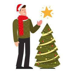 Poster - christmas people, young man with hat scarf and tree celebrating season party