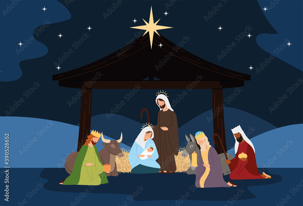 nativity, manger scene holy family wise kings ox donkey in the night - obrazy, fototapety, plakaty 